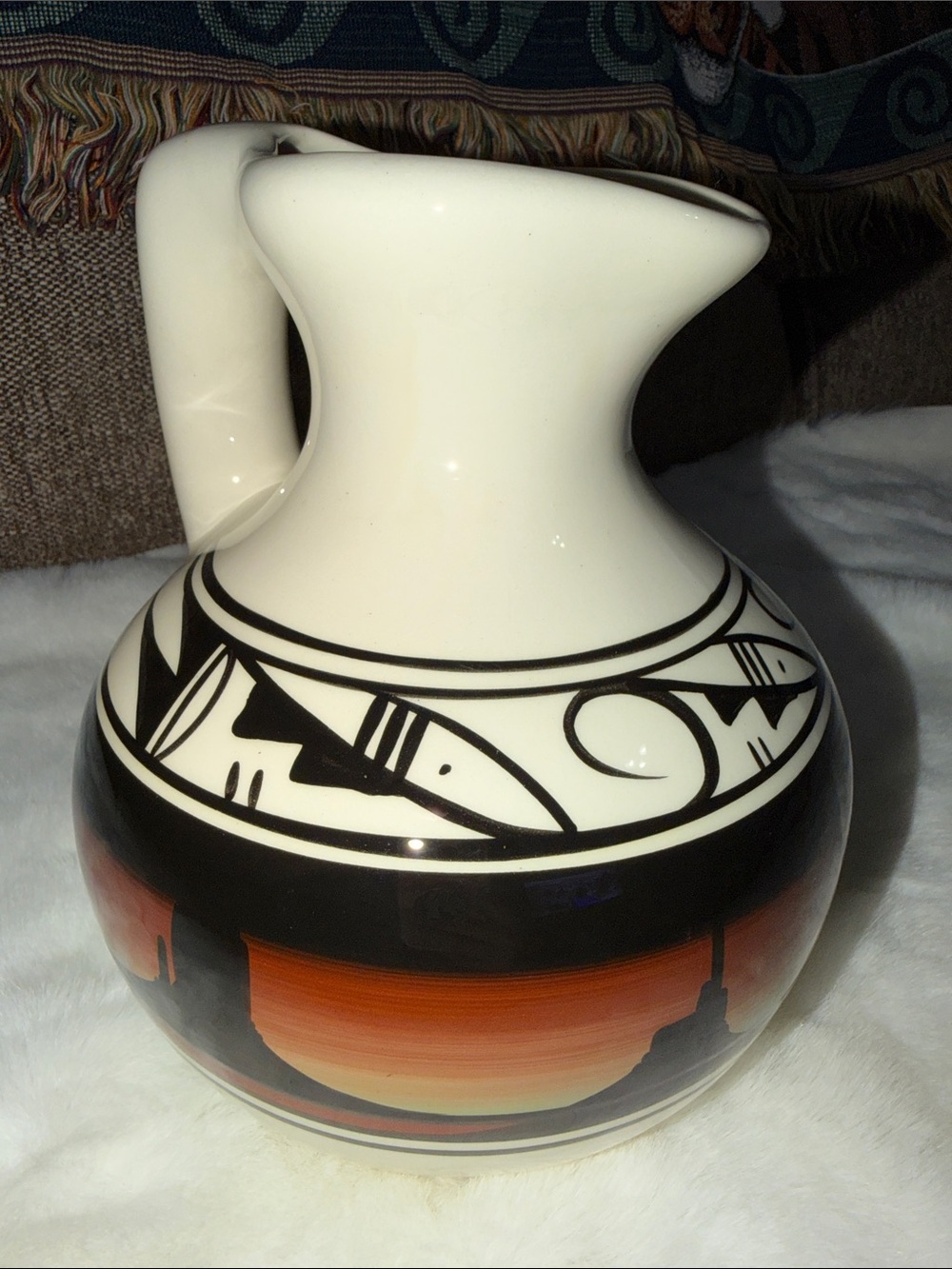 Vintage Navajo Pottery Jug Hand Painted Monument Valley Sunset scene. Excellent!